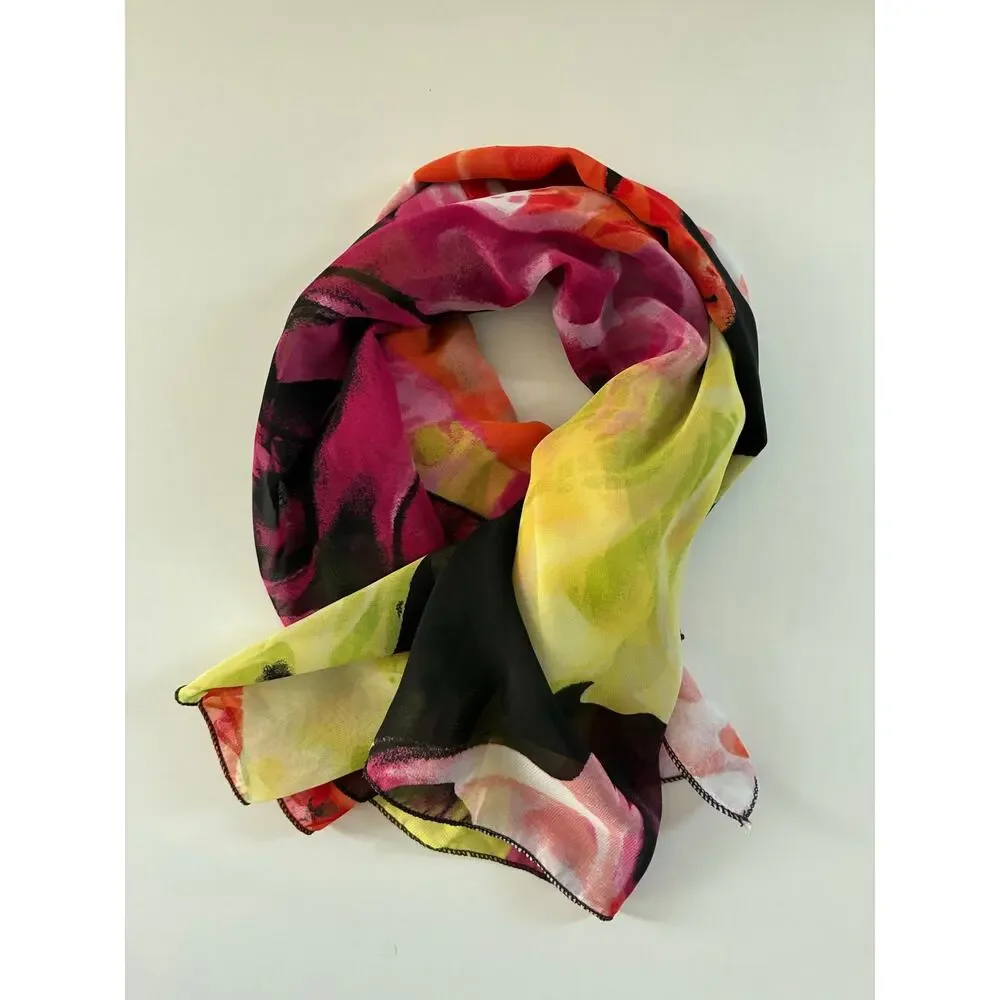 Colorful Chiffon Scarf Watercolor Floral Design Pink Orange Green Black 58